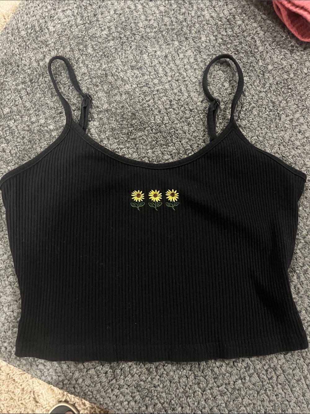 SHEIN Black Ribbed Crop Cami with Yellow Sunflower Embroidery